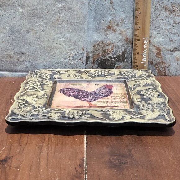 Rooster Plaque Plate Pair Ceramic Square 3D Grape Vine Frame - Picture 8 of 10